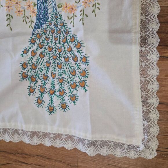 Vintage Embroidered Lace Table Runner Peacock Design - Picture 3 of 5